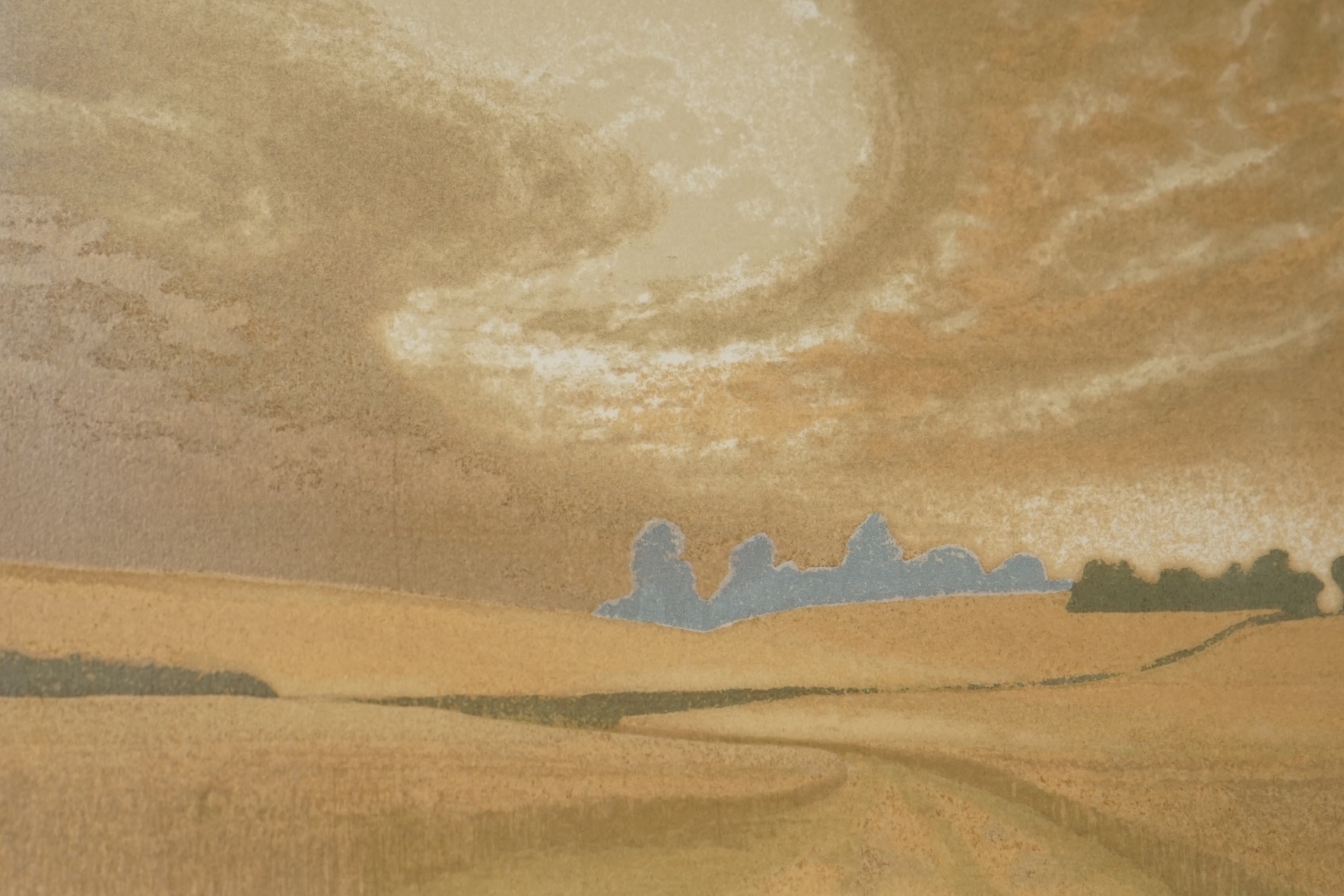 Michael Carlo (1922-2014), colour etching, 'Across the fields', limited edition, 166/200, signed and dated 1981, 28 x 40cm. Condition - fair, faded